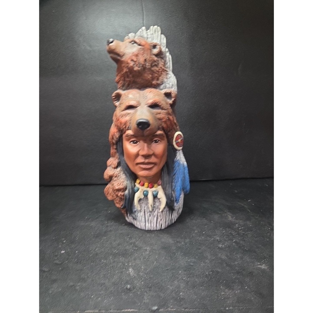Native American Indian Chief with Bear Hat Ceramic‎ Figurine, Vtg Spirit Decor